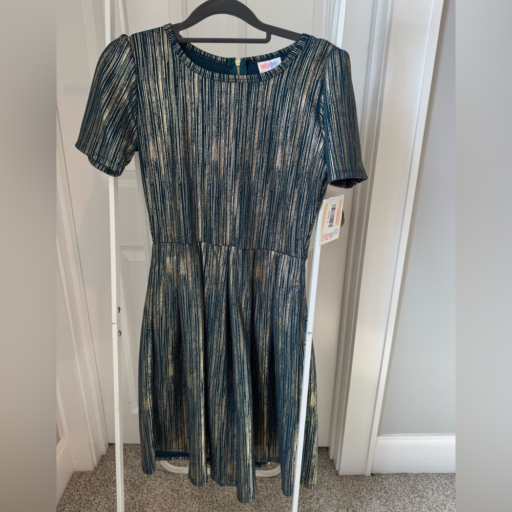 S Amelia Elegant Lularoe teal with gold metallic stripes gold zipper pockets NWT